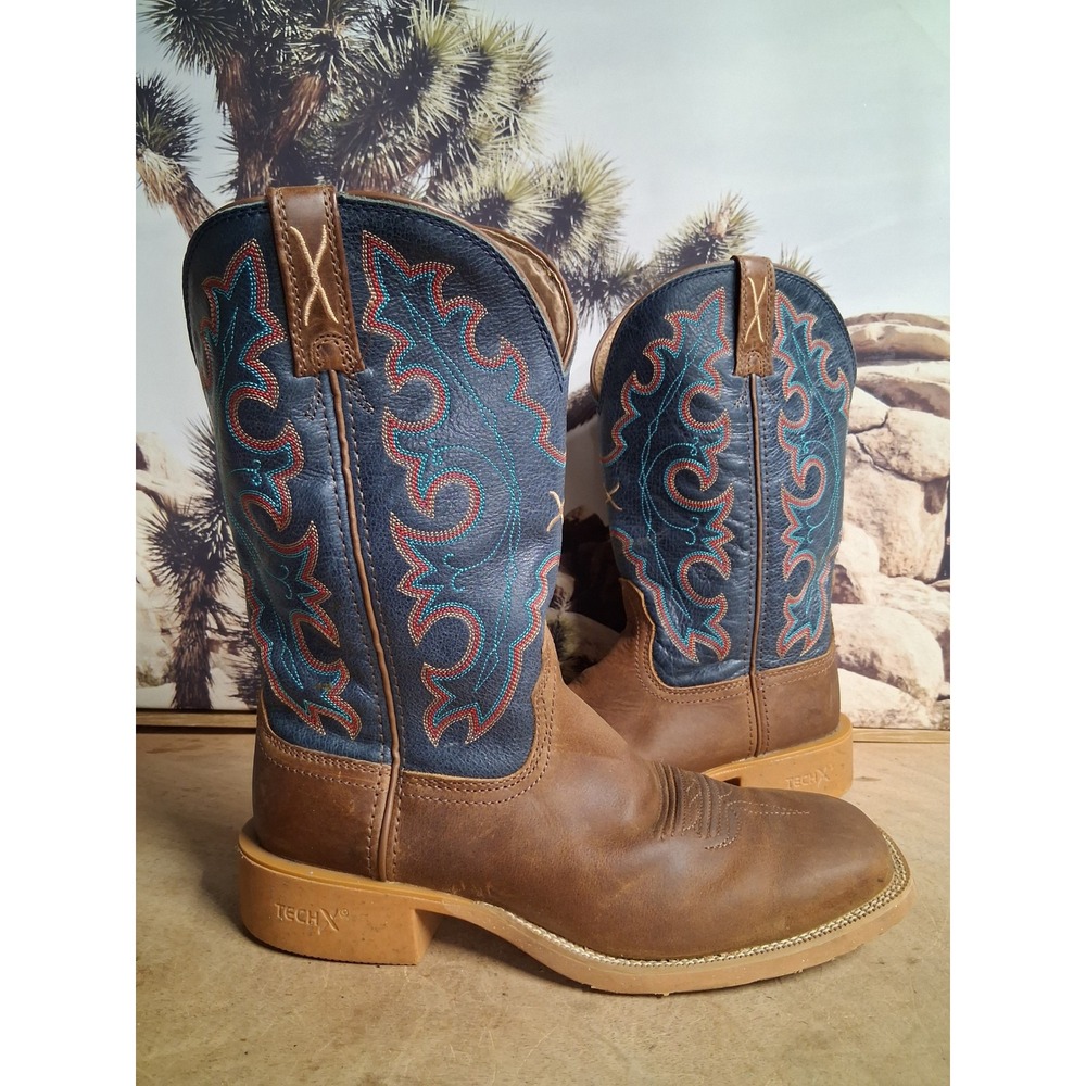 Twisted X Tech X Mens Brown Navy Blue Leather Square Toe Western Boots Sz 8